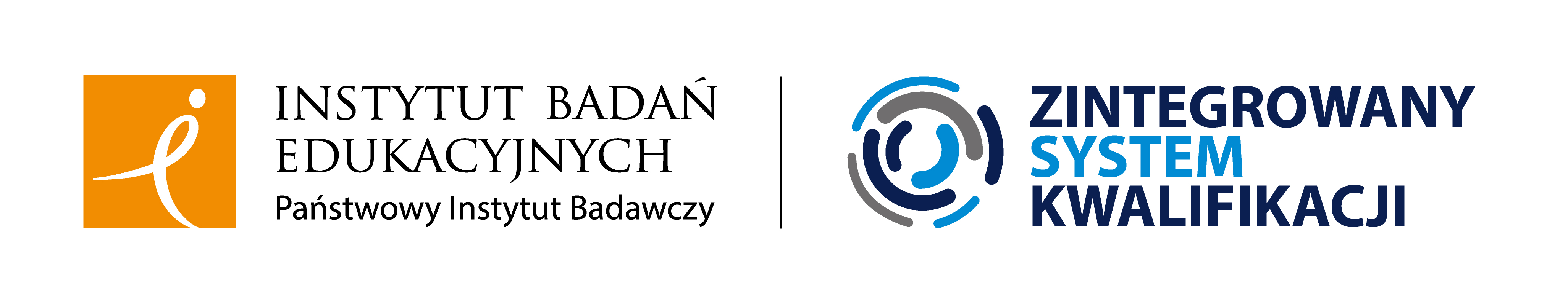 Po lewej stronie logotyp Instytutu Badań Edukacyjnych Państwowego Instytutu Badawczego, który tworzą: z lewej strony pomarańczowy kwadrat z wpisanym białym znakiem przypominającym litery „i”, „e” oraz ludzką postacią, z prawej pełna nazwa Instytutu. Z prawej strony, oddzielony pionową kreską, umieszczony jest logotyp Zintegrowanego Systemu Kwalifikacji: graficzna soczewka utworzona z niebieskich, granatowych i szarych łuków, a obok pełna nazwa systemu zapisana w trzech wierszach.