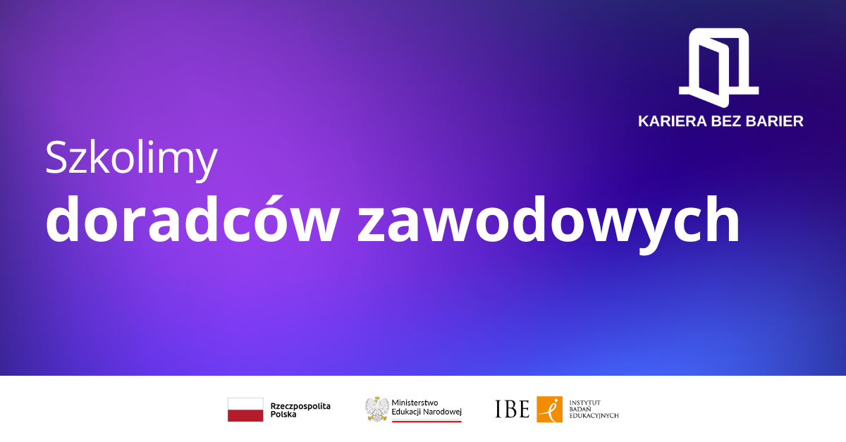 Grafika na tle w ocieniach fioletu i granatu, logotyp Kariera bez barier oraz tekst "Szkolimy doradców zawodowych"