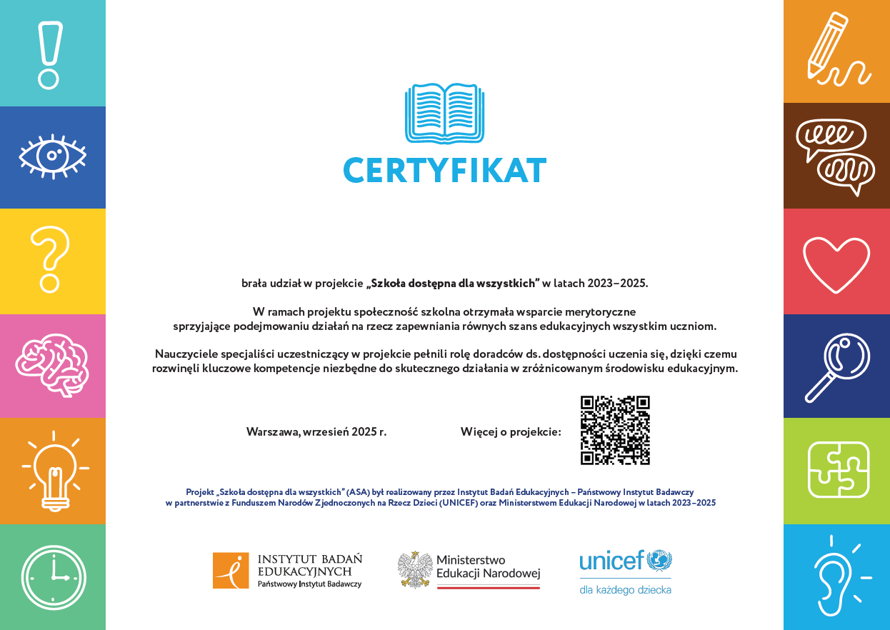 Certyfikat dla szkol bioracych udzial w projekcie ASA