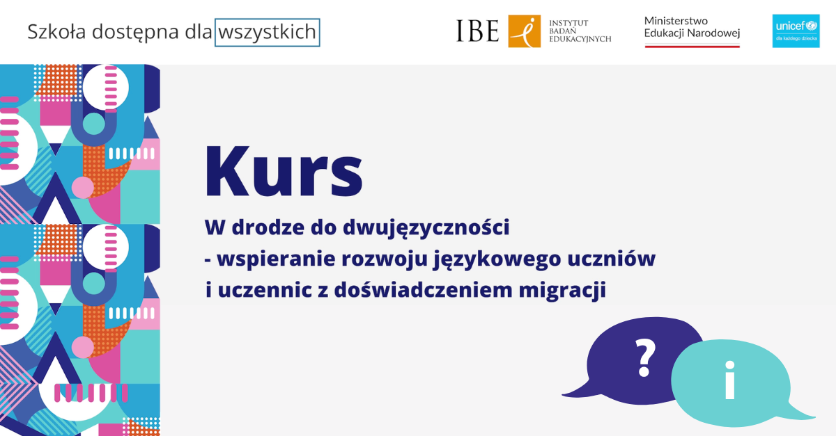 grafika na szarym tle, po lewej kolorowy pionowy pasek, na środku tekst: Kurs: W drodze do dwujęzyczności. Wspieranie rozwoju językowego uczniów i uczennic z doświadczeniem migracji.