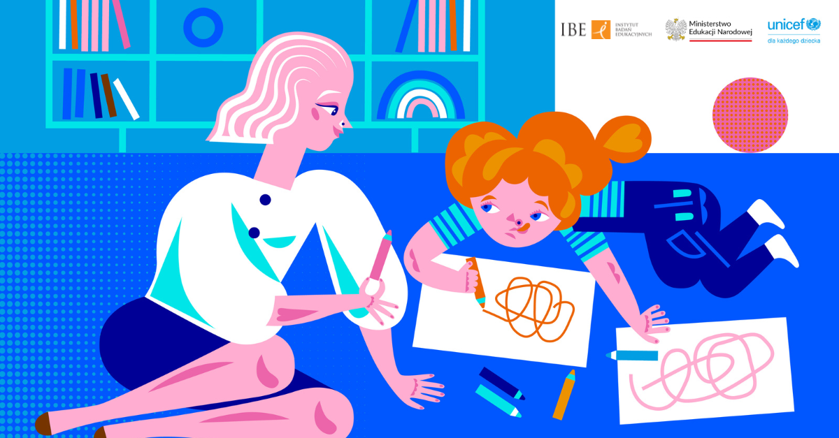 grafika przedstawiająca osobę dorosłą oraz uczennicę, które wspólnie rysują, znajdują się w klasie i siedzą na podłodze