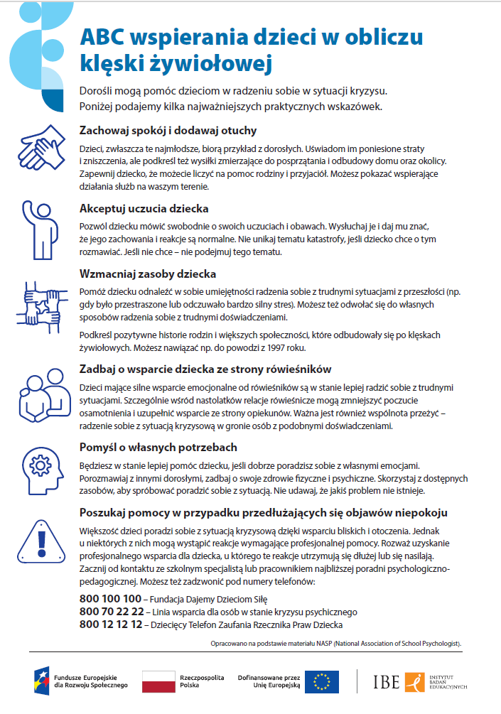 ulotka informacyjna z tekstem "ABC wspierania dzieci w obliczu klęski żywiołowej"