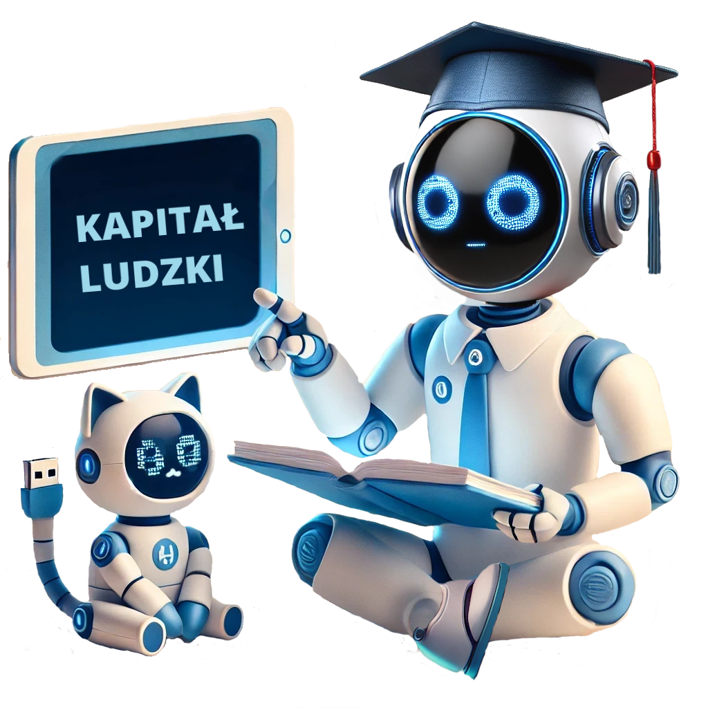 Na ilustracji przedstawiono dwa futurystyczne roboty – Edu-Botka i Miau-Techa, symbolizujące rozwój kapitału ludzkiego.  Edu-Botek, przypominający humanoidalnego robota, siedzi ze skrzyżowanymi nogami, trzymając otwartą książkę.  Jego biała, zaokrąglona obudowa ozdobiona jest niebieskimi podświetleniami.  Na głowie ma granatową czapkę absolwencką z czerwonym chwostem, a na szyi elegancki krawat.  Jego cyfrowe, niebieskie oczy, na przypominającej błyszczący czarny wyświetlacz twarzy, są skupione, a uniesiony palec wskazuje na ekran przypominający tablicę, zawieszony w powietrzu, na którym widnieje napis „KAPITAŁ LUDZKI”.  Obok niego siedzi Miau-Tech, mały robotyczny kotek o jasnej, metalicznej powierzchni z niebieskimi detalami. Jego okrągłe oczy błyszczą cyfrowo, ma skupiony, uroczy wyraz twarzy, która jest czarna i błyszcząca, przypominając ekran monitora, a zamiast ogona posiada przewód USB. Siedzi w pozycji ucznia, uważnie obserwując Edu-Botka, gotowy do nauki.