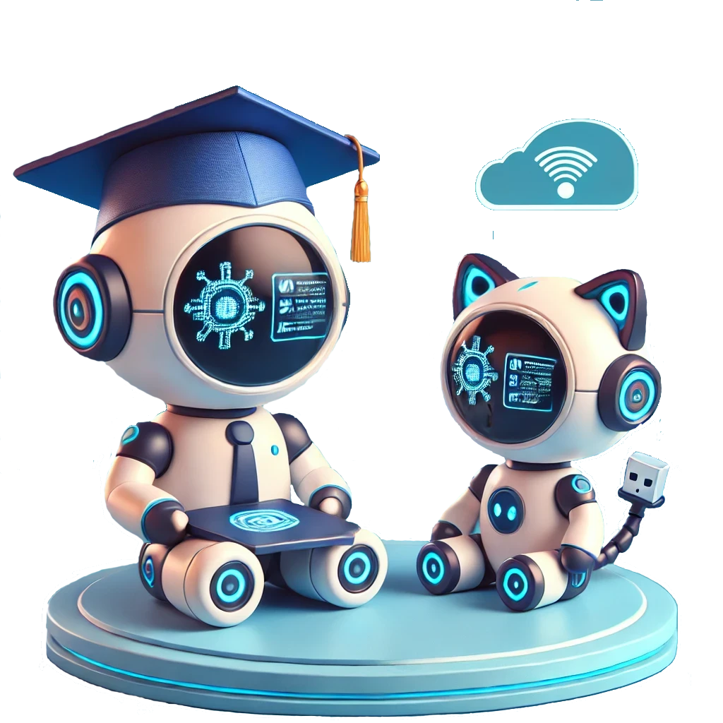 Na ilustracji widnieją dwa futurystyczne roboty – Edu-Botek i Miau-Tech – w scenie symbolizującej wykorzystanie internetu do edukacji i komunikacji w nowoczesnym społeczeństwie cyfrowym.  Edu-Botek, humanoidalny robot w czapce absolwenckiej, siedzi na platformie i trzyma futurystyczny tablet, na którym jest coś wyświetlone. Jego ekranowa twarz przedstawia interfejs danych z symbolem połączenia sieciowego, sugerując analizę informacji online. Jedno oko jest okrągłe z rozgałęzieniami symbolizującymi sieć, a drugie przypomina mini ekran z wyświetlonymi informacjami  Obok niego siedzi Miau-Tech, robotyczny kotek, patrząc na swojego towarzysza. Jego ekranowa twarz również wyświetla dane i symbol połączenia sieciowego, a zamiast ogona posiada przewód USB, symbolizujący łączność i technologię.  Nad nimi unosi się ikona chmury z symbolem Wi-Fi, podkreślając znaczenie dostępu do internetu w cyfrowym świecie.