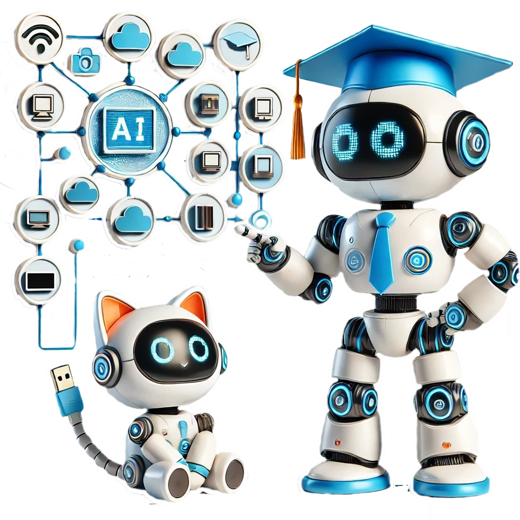 Na ilustracji przedstawiono dwa futurystyczne roboty – Edu-Botka i Miau-Techa – symbolizujące integrację technologii cyfrowych.  Edu-Botek, humanoidalny robot, stoi w eleganckim krawacie i czapce absolwenckiej, wskazując na sieć połączonych ikon reprezentujących różne technologie, takie jak sztuczna inteligencja (AI), chmura obliczeniowa, komputery, edukacja online i systemy cyfrowe.  Obok niego Miau-Tech, robotyczny kotek, siedzi z zaciekawionym wyrazem na ekranie swojej twarzy. Jego ogon, zakończony wtyczką USB, podkreśla cyfrowy charakter świata, w którym funkcjonuje.  Cała scena przedstawia ideę, jak technologie cyfrowe są wzajemnie połączone i integrowane w różnych aspektach życia, szczególnie w edukacji i komunikacji.