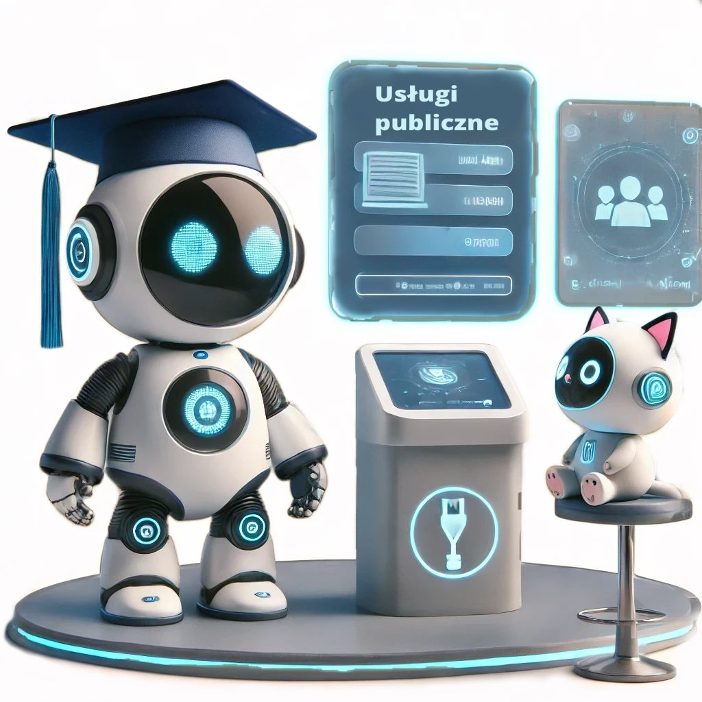 Na ilustracji przedstawiono dwa futurystyczne roboty – Edu-Botka i Miau-Techa – symbolizujące cyfrowe usługi publiczne.  Edu-Botek, humanoidalny robot w czapce absolwenckiej, stoi obok interaktywnego kiosku z ekranem dotykowym, na którym wyświetlają się cyfrowe ikony nawiązujące do e-administracji.  Miau-Tech, robotyczny kotek, siedzi na wysokim, okrągłym krzesełku, zwrócony w stronę Edu-Botka i ekranu holograficznego, który przedstawia napisy "Usługi publiczne" oraz interfejsy cyfrowych formularzy i e-dokumentów.  Ich otoczenie jest minimalistyczne i utrzymane w futurystycznym stylu, z podświetlanymi elementami wskazującymi na nowoczesność i cyfryzację administracji.  Cała scena ilustruje ideę e-administracji, podkreślając rozwój nowoczesnych technologii w zakresie załatwiania spraw urzędowych online i cyfrowej dostępności usług publicznych.