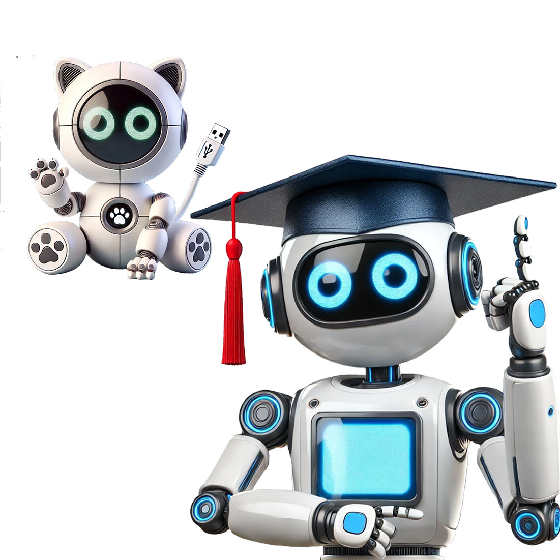 Na ilustracji przedstawiono dwa futurystyczne roboty – Edu-Botka i Miau-Techa – symbolizujące cyfryzację i nowoczesne technologie.  Edu-Botek, przypominający humanoidalnego robota, ma białą, zaokrągloną obudowę z niebieskimi podświetleniami.  Na głowie nosi granatową czapkę absolwencką z czerwonym chwostem, a jego okrągłe oczy świecą na niebiesko.  Wznosi jedną dłoń, jakby tłumaczył ważne zagadnienie. Obok niego, na elektronicznym routerze Wi-Fi, siedzi Miau-Tech – robotyczny kotek o jasnym, metalicznym tułowiu z cyfrowym ekranem na piersi, który wyświetla symbol sieci.  Jego oczy, podobnie jak u Edu-Botka, świecą na niebiesko, a zamiast ogona ma przewód USB.  Nad nim unosi się symbol połączenia sieciowego Wi-Fi, podkreślający temat łączności i cyfrowej infrastruktury.  Całość utrzymana jest w estetyce high-tech, z delikatnym niebieskim podświetleniem elementów elektronicznych.